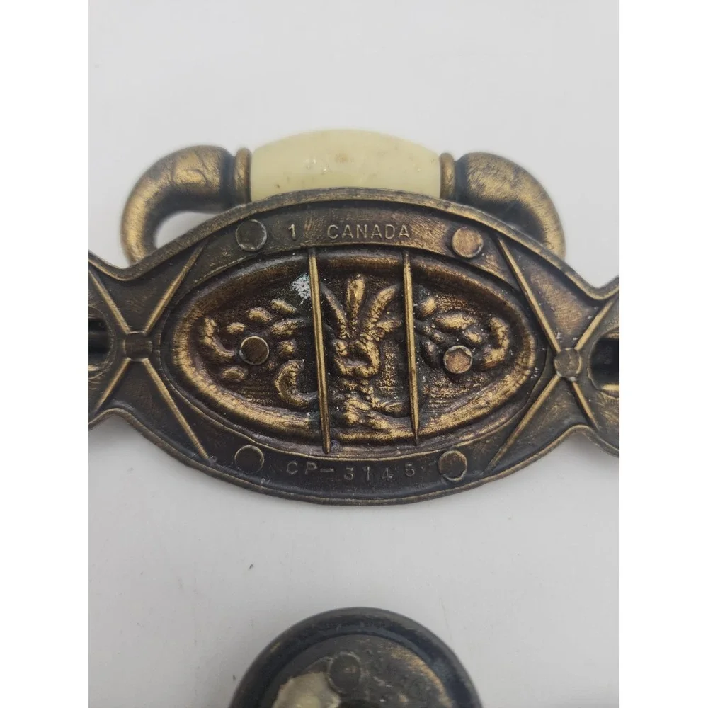 VTG Brass Drop Bail Drawer Pull Handle Hardware With 4 Knobs Wheat Ceramic